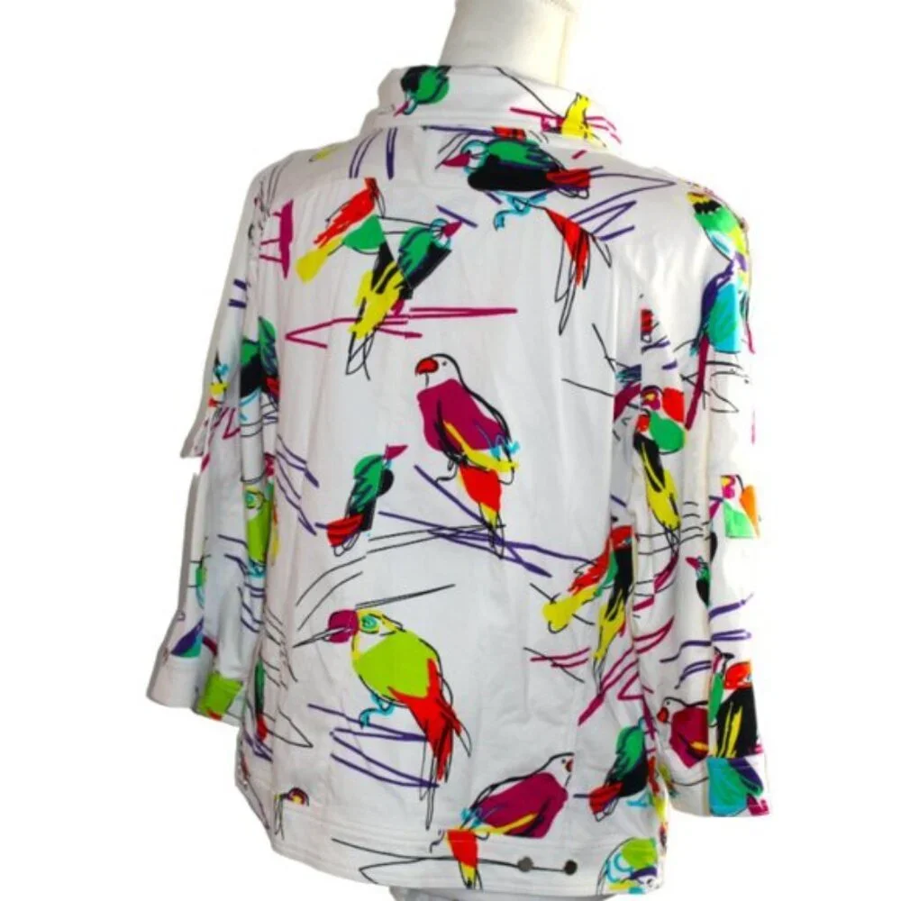 Berek White Multi Abstract Tropical Bird Cotton Jacket Size Large